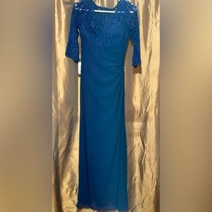 Long blue formal wear dress, chiffon with lace top